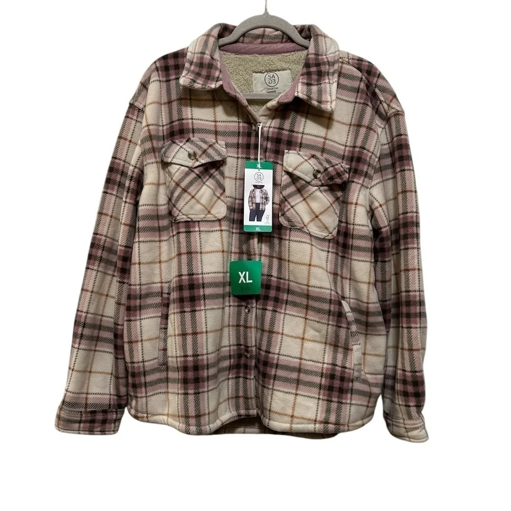 Sage Collective Women's Plaid Flannel Shacket Pink Cream XL